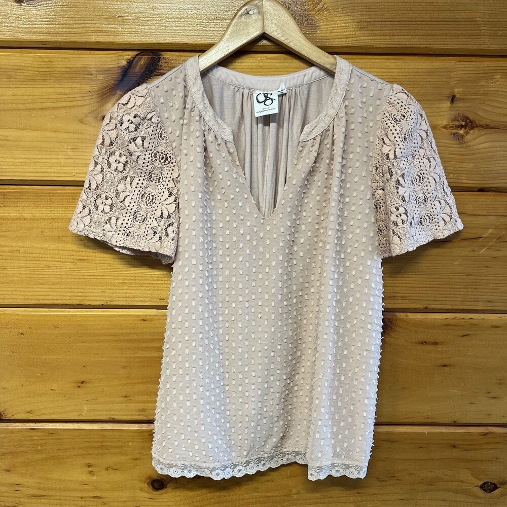 Anthropologie One September Women Small Lace Top Beige Casual Swiss Dot Fairy